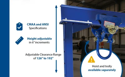 Vestil Steel Knock-Down Adjustable Height Gantry Crane with V-Groove Ductile Steel Casters 15 Ft. Wide x 16 Ft. Max Usable Height 4,000 Lb. Capacity Blue - product feature image