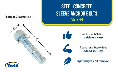 Vestil AS-344-8PK Steel Concrete Sleeve Anchor Bolts - product feature image