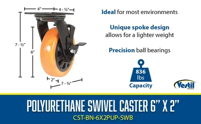 Vestil CST-BN-6X2PUP-SWB Polyurethane Swivel With Brake Caster - product feature image