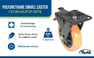 Vestil CST-BN-6X2PUP-SWTB Polyurethane Swivel With Total Brake Caster - product feature image