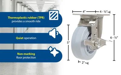 Vestil CST-E-SS-5X2TPR-SWB Thermoplastic Rubber Swivel With Brake Caster - product feature image