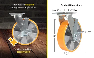 Vestil Polyurethane Swivel With Brake Caster 8 In. Diameter x 2 In. Width 1760 Lb. Capacity Orange/Silver - product feature image