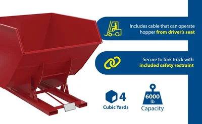 Vestil Steel Heavy Duty Self Dumping Hopper 4 Cubic Yard 6000 Lb. Capacity Red - product feature image