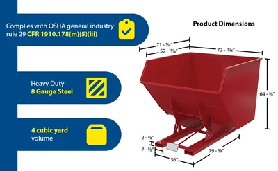 Vestil Steel Heavy Duty Self Dumping Hopper 4 Cubic Yard 6000 Lb. Capacity Red - product feature image