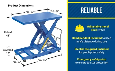 Vestil Steel Portable Lift Table 115 Volt 1 Phase 30 In. x 48 In. 1000 Lb. Capacity Blue - product feature image
