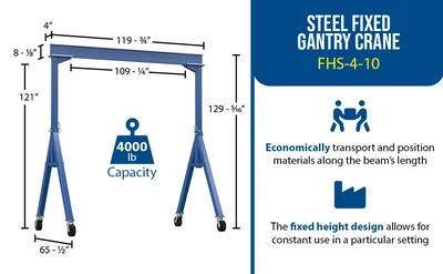 Vestil FHS-4-10 Steel Fixed Gantry Crane with Glass Filled Nylon Casters - product feature image