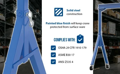 Vestil FHS-4-10 Steel Fixed Gantry Crane with Glass Filled Nylon Casters - product feature image