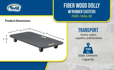 Vestil FWD-1836-3R Fiber Wood Dolly with Rubber Casters - product feature image
