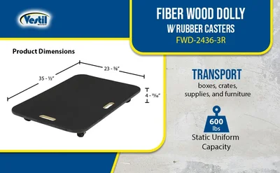 Vestil FWD-2436-3R Fiber Wood Dolly with Rubber Casters - product feature image