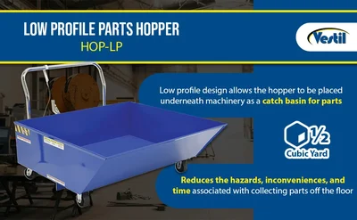 Vestil Steel Low Profile Parts Hopper 1/2 Cubic Yd. 2,000 Lb. Capacity Blue - product feature image