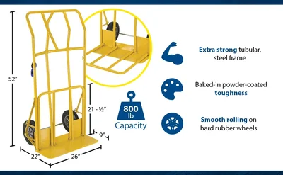 Vestil HTWL-800-HR Steel Hand Truck Wide Load Hard Rubber Wheels - product feature image