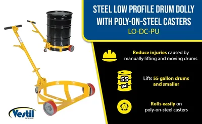 Vestil LO-DC-PU Steel Low Profile Drum Dolly with Poly On Steel Casters - product feature image