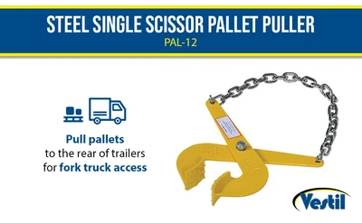 Vestil PAL-12 Steel Single Scissor Pallet Puller 7 In. Jaw Opening 5000 Lb. Pulling Capacity Yellow - product feature image