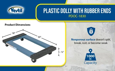 Vestil PDOC-1830 Plastic Dolly with Rubber Ends - product feature image
