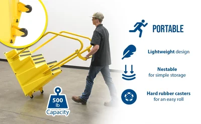 Vestil Polyethylene Nestable with Handrails Casters 3 Step 500 Lb. Capacity Yellow - product feature image