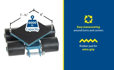 Vestil SSKT-3 Steel Machinery Skates 4 Nylon Rollers 3 Ton Static Capacity - product feature image