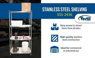 Vestil SSS-2436 Stainless Steel Shelving 600 Lb. Capacity Brushed - product feature image