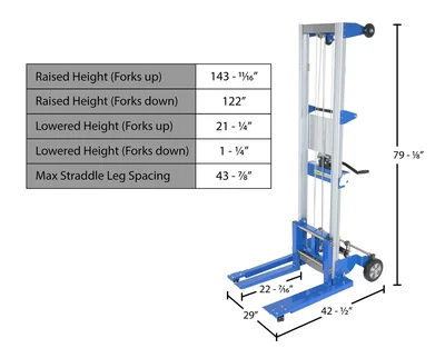 Vestil A-LIFT-S-EHP Aluminum-Steel Adjustable Straddle Hand Winch Lift Trucks - dimensional drawing