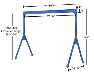 Vestil AHS-2-15-10-VG Steel Adjustable Height Gantry Crane with V-Groove Cast Iron Casters - dimensional drawing