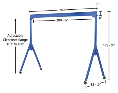 Vestil AHS-2-20-14-VG Steel Adjustable Height Gantry Crane with V-Groove Cast Iron Casters - dimensional drawing