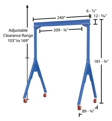 Vestil AHS-6-20-14-VG Steel Adjustable Height Gantry Crane with V-Groove Cast Iron Casters - dimensional drawing