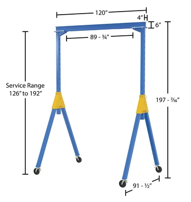Vestil Steel Knock-Down Adjustable Height Gantry Crane with Total Locking Glass Filled Nylon Casters 10 Ft. Wide x 16 Ft. Max Usable Height 2,000 Lb. Capacity Blue - dimensional drawing