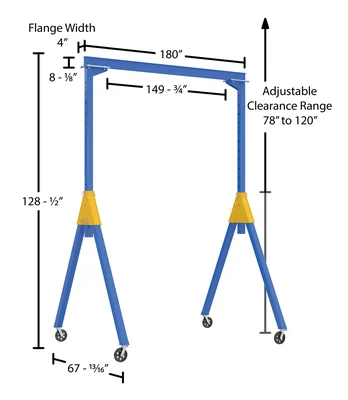 Vestil Steel Knock-Down Adjustable Height Gantry Crane with V-Groove Ductile Steel Casters 15 Ft. Wide x 10 Ft. Max Usable Height 4,000 Lb. Capacity Blue - dimensional drawing