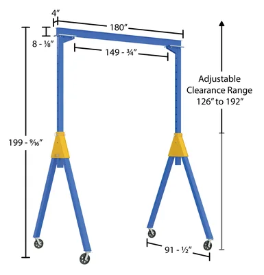 Vestil Steel Knock-Down Adjustable Height Gantry Crane with V-Groove Ductile Steel Casters 15 Ft. Wide x 16 Ft. Max Usable Height 4,000 Lb. Capacity Blue - dimensional drawing