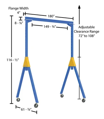 Vestil Steel Knock-Down Adjustable Height Gantry Crane with V-Groove Ductile Steel Casters 15 Ft. Wide x 9 Ft. Max Usable Height 4,000 Lb. Capacity Blue - dimensional drawing