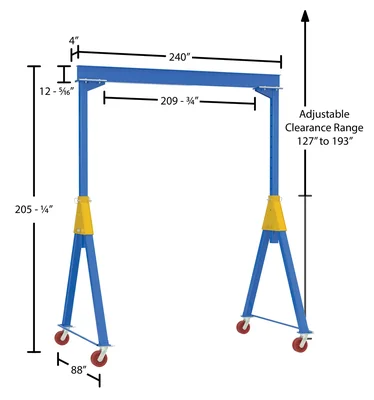 Vestil Steel Knock-Down Adjustable Height Gantry Crane with V-Groove Ductile Steel Casters 20 Ft. Wide x 16 Ft. Max Usable Height 6,000 Lb. Capacity Blue - dimensional drawing