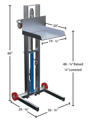 Vestil Aluminum Low Profile Lite Load Lift With Foot Pump Fixed Wheels and Manual Floor Lock 20 In. x 20 In. Platform 400 Lb. Capacity Silver - dimensional drawing