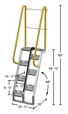 Vestil Galvanized Alternate Tread Stair 68 Degrees 30 In. x 23-1/2 In. x 90 In. 350 Lb. Capacity Silver - dimensional drawing