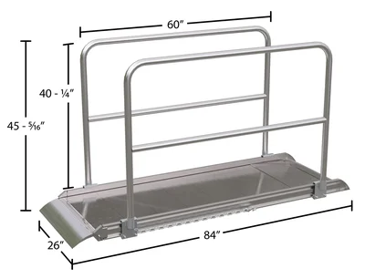 Vestil Aluminum Wheel Walk Ramp Overlapping Style with Handrails 84 In. x 28 In. 2800 Lb. Capacity Silver - dimensional drawing