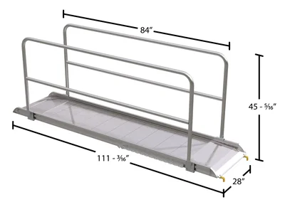 Vestil Aluminum Wheel Walk Ramp Steel Hook Style with Handrails 111-3/16 In. x 28 In. 2500 Lb. Capacity Silver - dimensional drawing