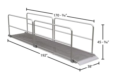 Vestil Aluminum Wheel Walk Ramp Overlapping Style with Handrails 192 In. x 38 In. 1000 Lb. Capacity Silver - dimensional drawing