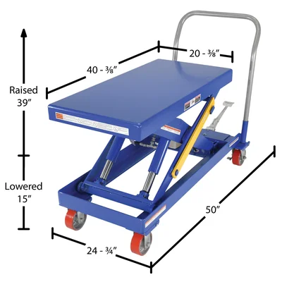 Vestil Steel Hydraulic Elevating Cart with Foot Pump 20 In. x 40 In. 2000 Lb. Capacity Blue - dimensional drawing
