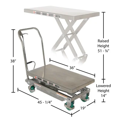 Vestil CART-600-D-SS2 304 Stainless Steel Double Scissor Cart - dimensional drawing
