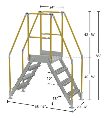 Vestil Aluminum Crossover Ladder 4 Step 24 x 29-1/8 In. Platform 500 Lb. Capacity Silver - dimensional drawing