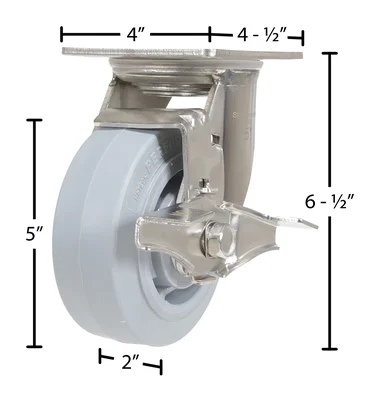 Vestil CST-E-SS-5X2TPR-SWB Thermoplastic Rubber Swivel With Brake Caster - dimensional drawing