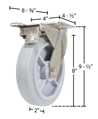 Vestil CST-E-SS-8X2TPR-SWTB Thermoplastic Rubber Swivel With Total Brake Caster - dimensional drawing