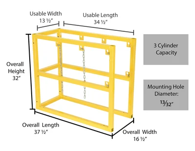 Vestil Steel Cylinder Barricade Rack 37-1/2 In. x 16-1/2 In. x 32 In. 3 Cylinder Capacity Yellow - dimensional drawing