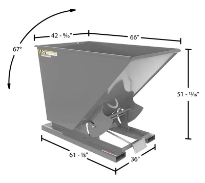 Vestil Steel Heavy Duty Self Dumping Hopper 1-1/2 Cubic Yard 6000 Lb. Capacity Machine Gray - dimensional drawing