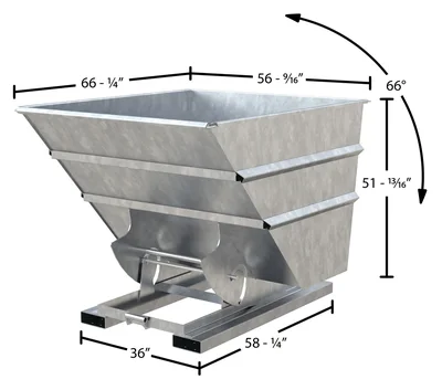 Vestil Steel Heavy Duty No Bump & Dump Hopper 2 Cubic Yard 6000 Lb. Capacity Galvanized - dimensional drawing