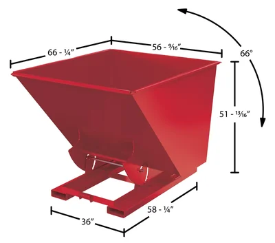 Vestil Steel Heavy Duty No Bump & Dump Hopper 2 Cubic Yard 6000 Lb. Capacity Soda Red - dimensional drawing