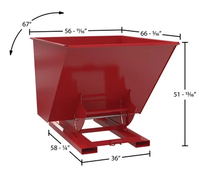 Vestil Steel Light Duty No Bump & Dump Hopper 2 Cubic Yard 2000 Lb. Capacity Soda Red - dimensional drawing