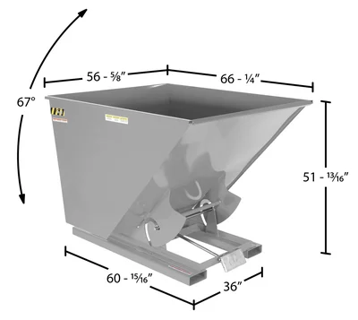Vestil Steel Medium Duty Self Dumping Hopper 2 Cubic Yard 4000 Lb. Capacity Machine Gray - dimensional drawing