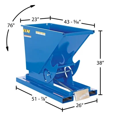 Vestil Steel Light Duty Self Dumping Hopper 1/4 Cubic Yard 2000 Lb. Capacity Blue - dimensional drawing
