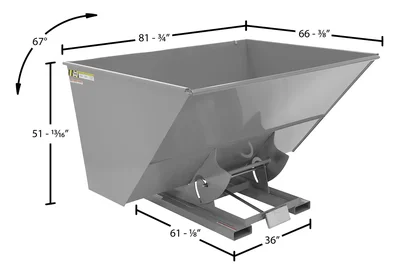 Vestil Steel Light Duty Self Dumping Hopper 3 Cubic Yard 2000 Lb. Capacity Machine Gray - dimensional drawing