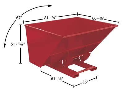 Vestil Steel Light Duty No Bump & Dump Hopper 3 Cubic Yard 2000 Lb. Capacity Soda Red - dimensional drawing