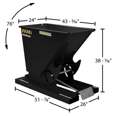 Vestil Steel Medium Duty Self Dumping Hopper 1/3 Cubic Yard 4000 Lb. Capacity Semi Gloss Black - dimensional drawing